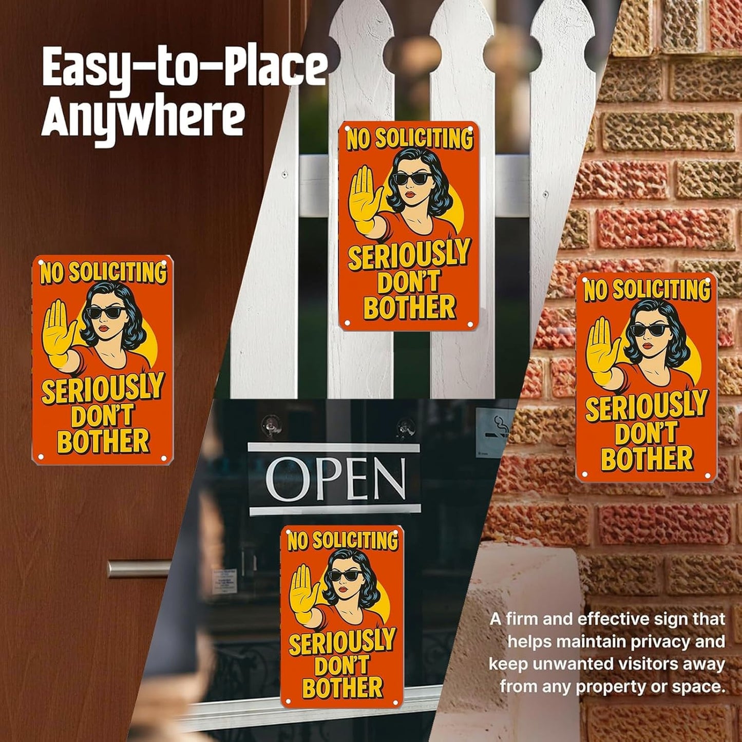 No Soliciting Sign for House - Large Funny Retro Style Rust-Free Aluminum UV Printed Waterproof Outdoor Yard Fence Gate Door Sign with Free Screws & Rope Front Door Privacy Warning for Home & Office